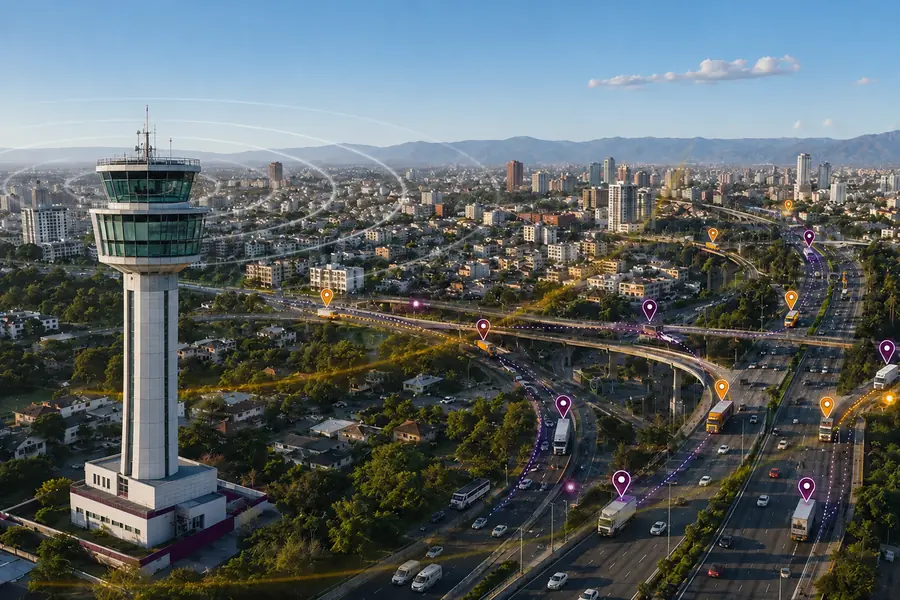 Torre de control supervisando vehículos y rutas en una ciudad