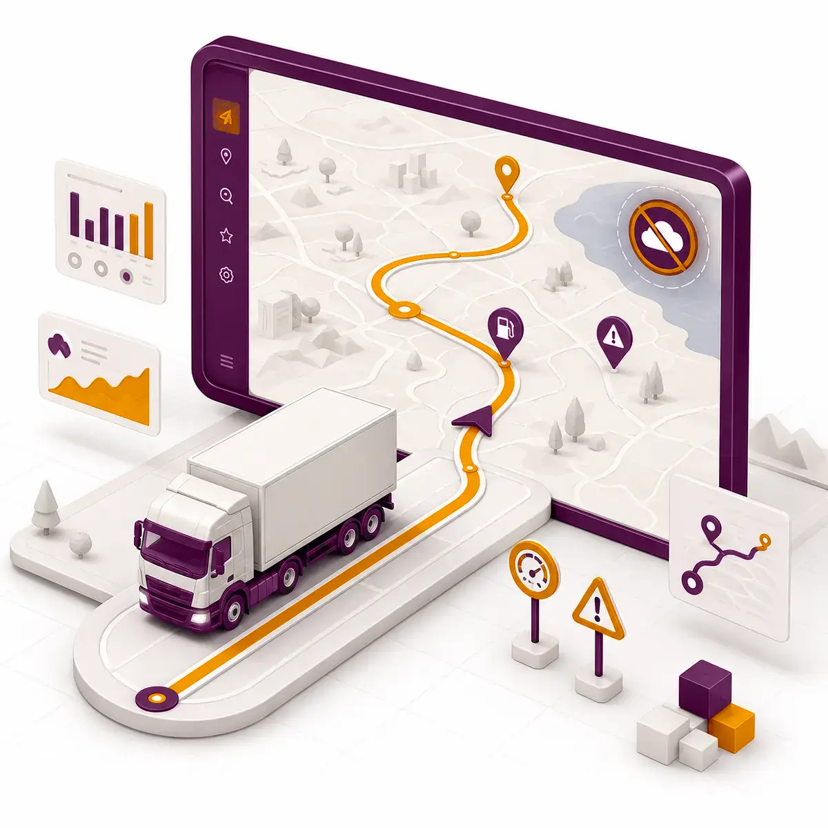 Ilustración 3D de OnNavigate guiando un camión por una ruta profesional offline