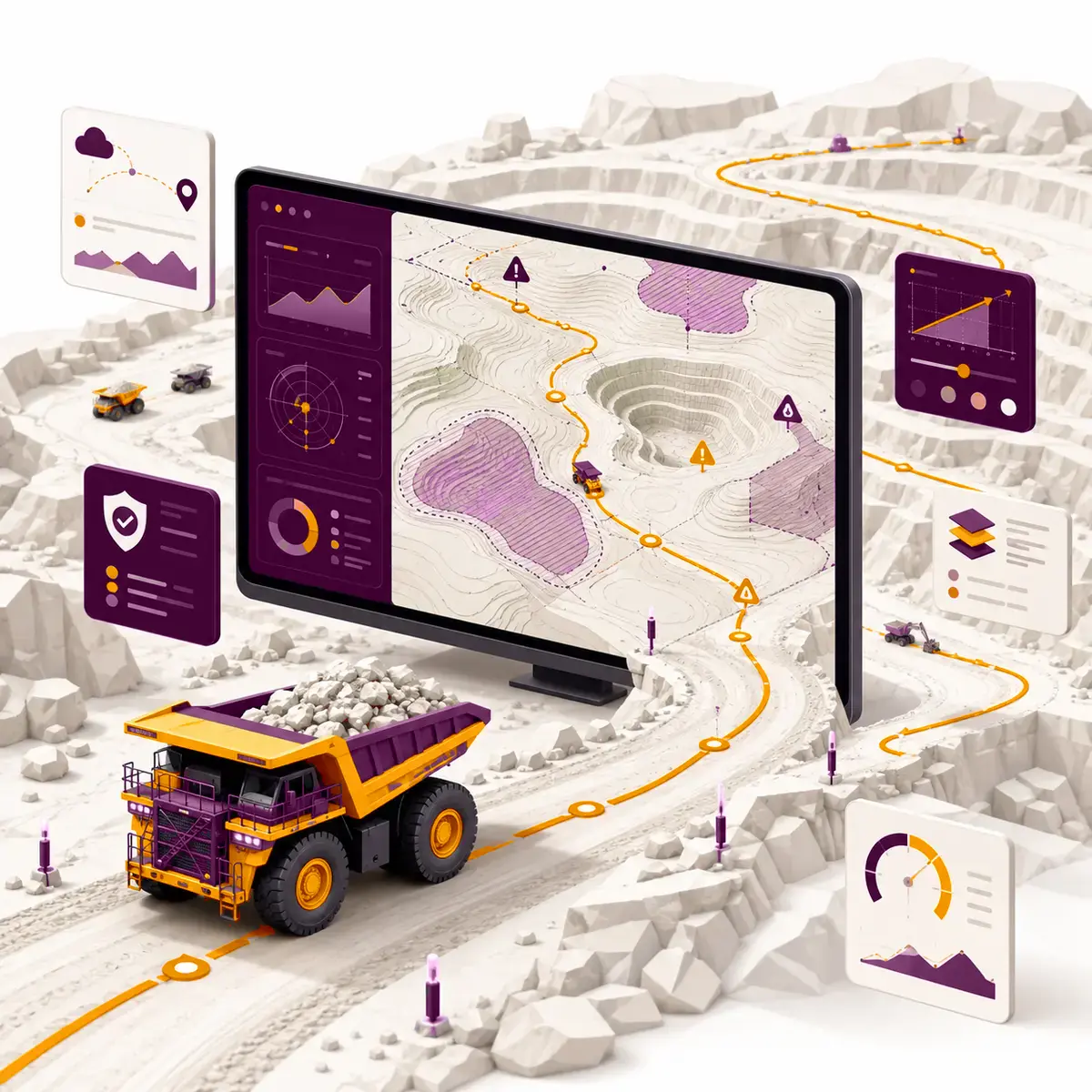 Ilustración 3D de OnNavigate guiando un camión en una operación minera