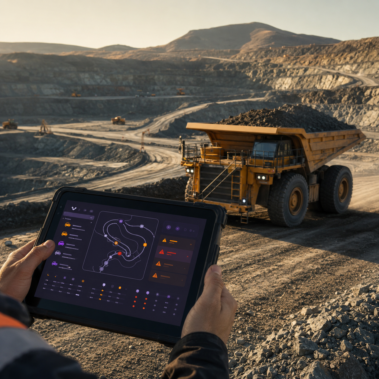 Configuración de rutas y alertas para camiones mineros